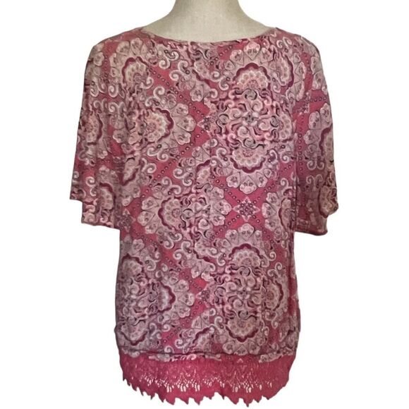 Medium, Pink Paisley w/ Bottom Lace Trim & Flutter Sleeves, Notch V Neck Top - Picture 4 of 5